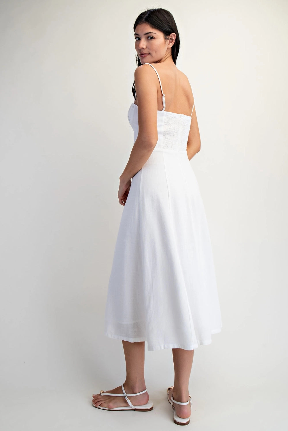 White Soft Linen Cami Ruched Bust Bodice Midi Women's Bridal Dress