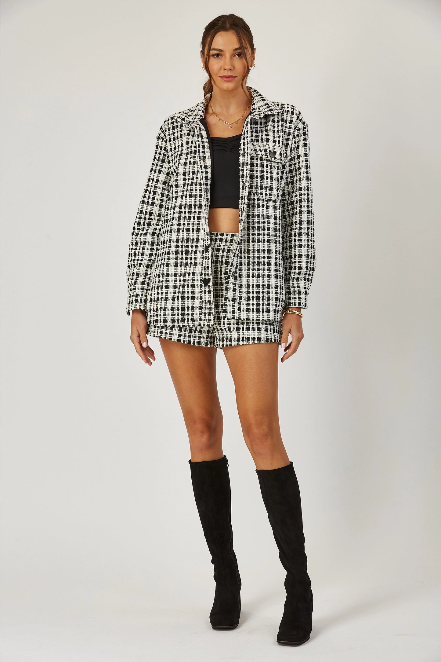 ANA TWEED OVERSIZED BLACK & WHITE PLAID BLAZER JACKET