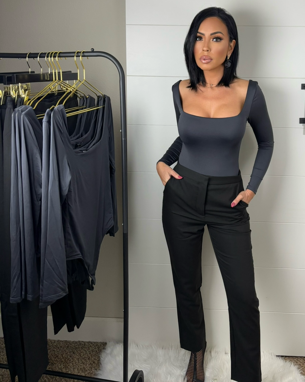 Carmen Double Scoop Bodysuit Top (Charcoal)