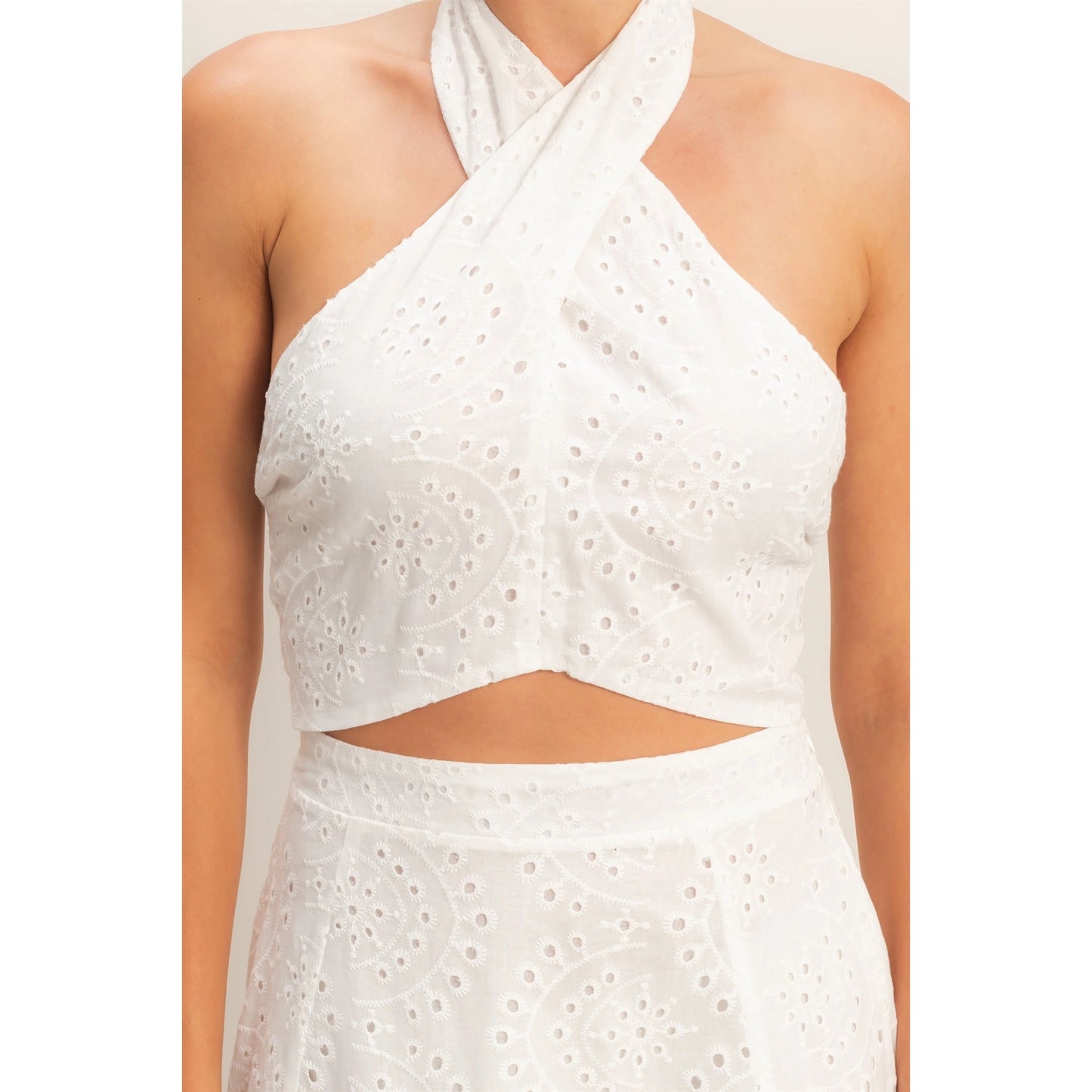 Kira Eyelet Halter & Midi Skirt Set (White)