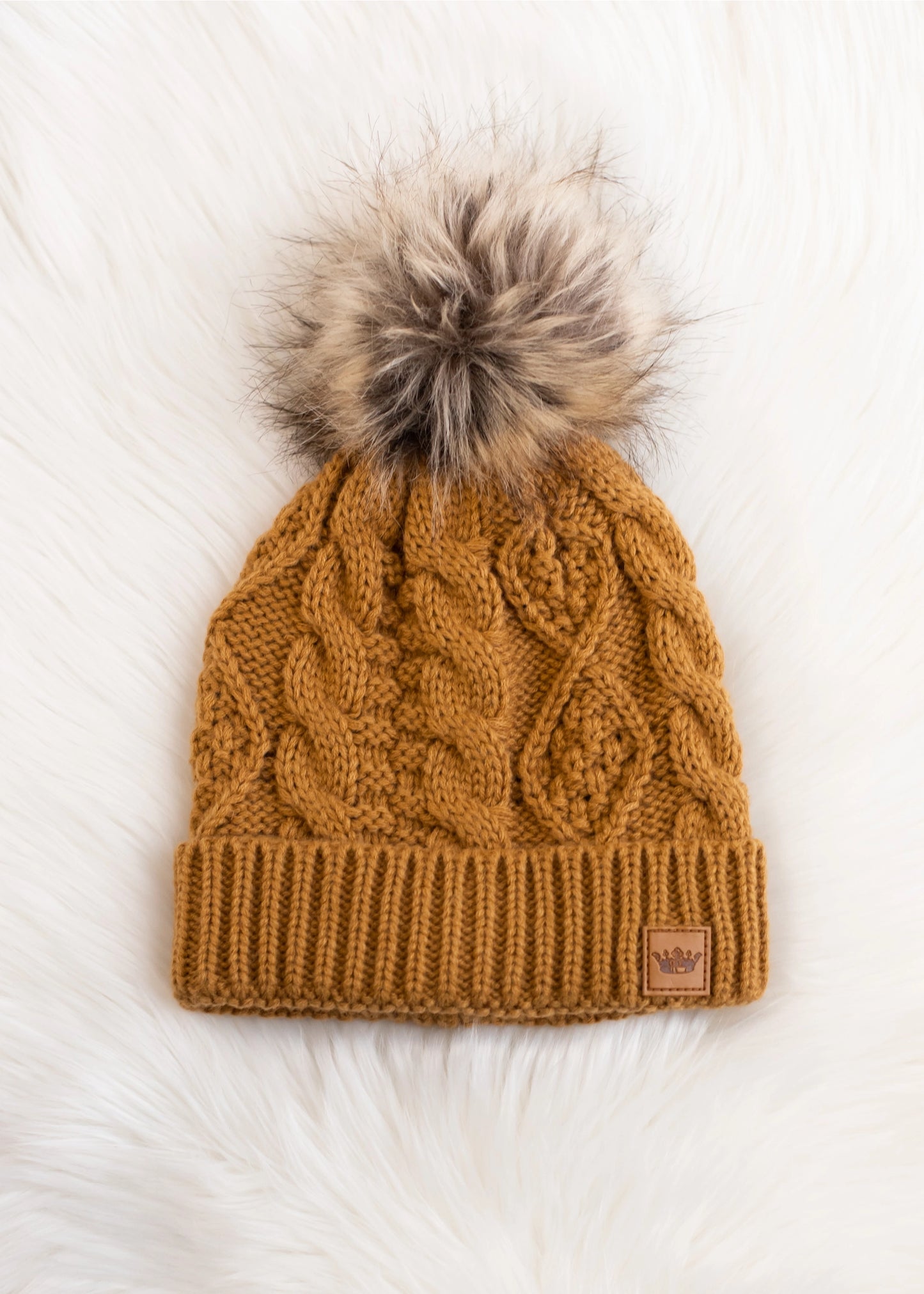 Winter Cable Knit Pom Pom Hat (Camel)