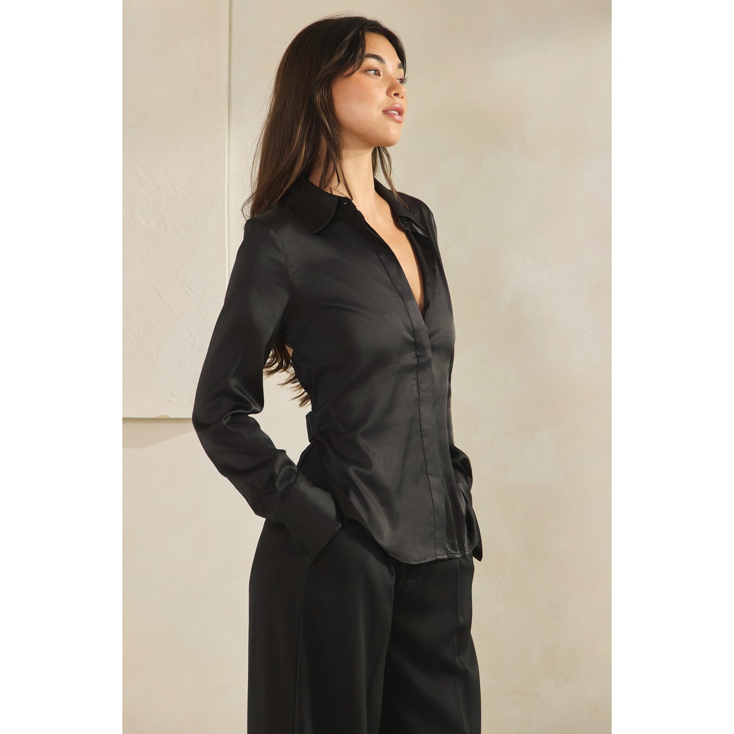 Halsey Satin Open Back Shirt (Black)