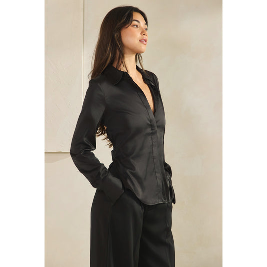 Halsey Satin Open Back Shirt (Black)