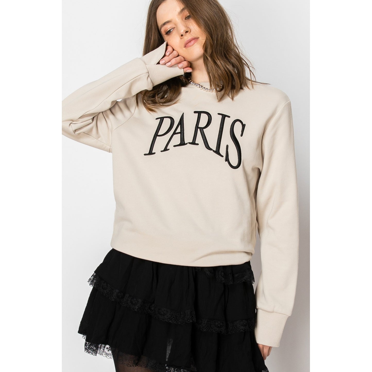 Paris Embroidered French Terry Sweatshirt Pullover (Gray or Beige)