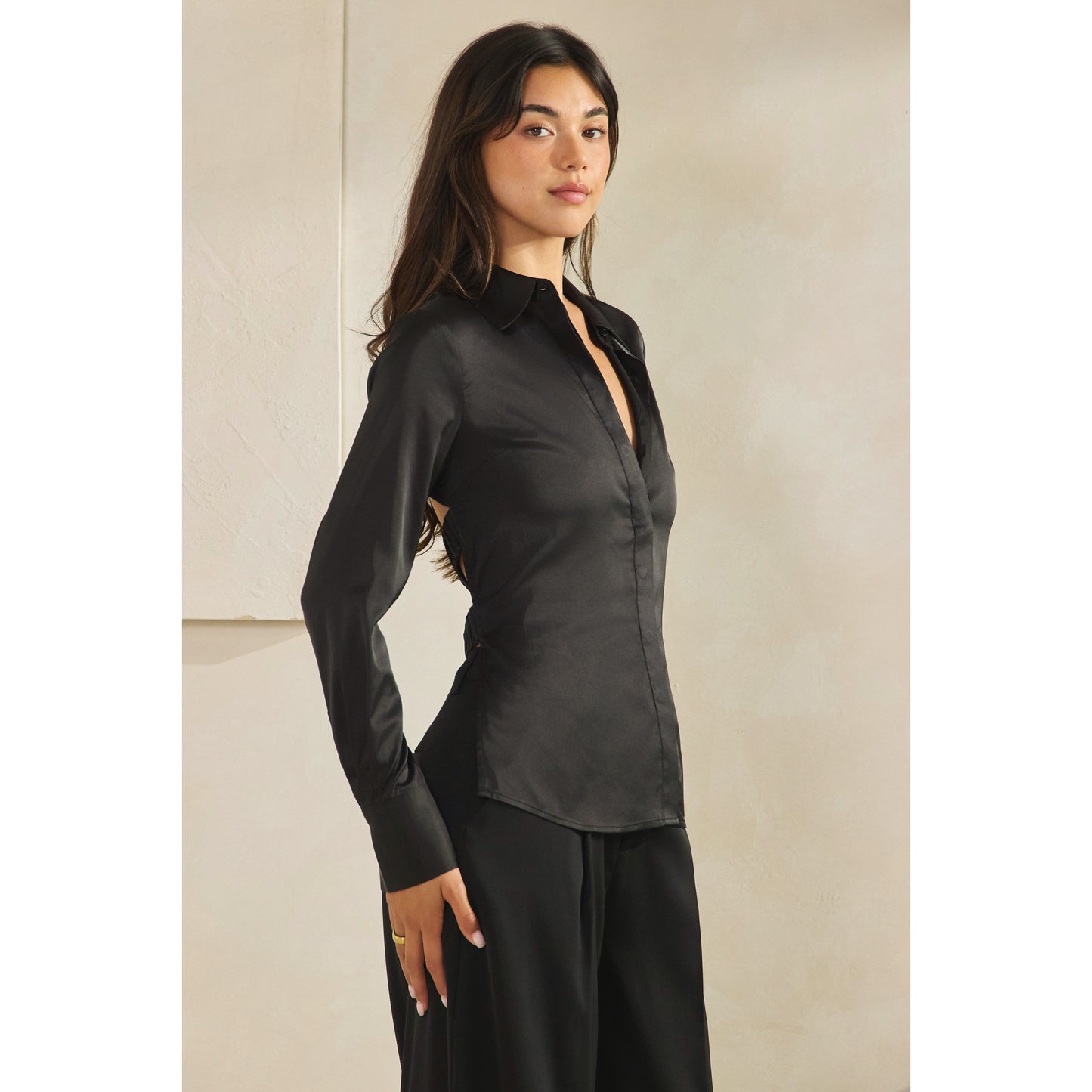 Halsey Satin Open Back Shirt (Black)