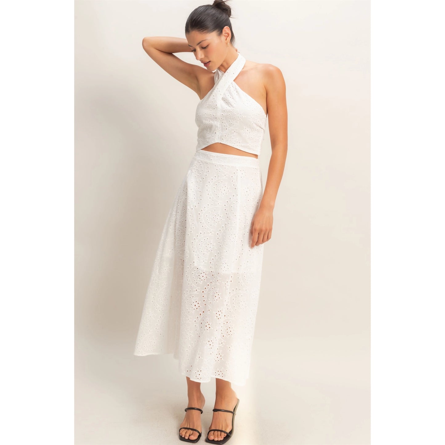 Kira Eyelet Halter & Midi Skirt Set (White)