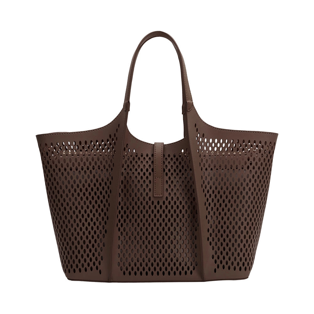 Malia Laser Cut Vegan Leather Tote Bag (Chocolate)