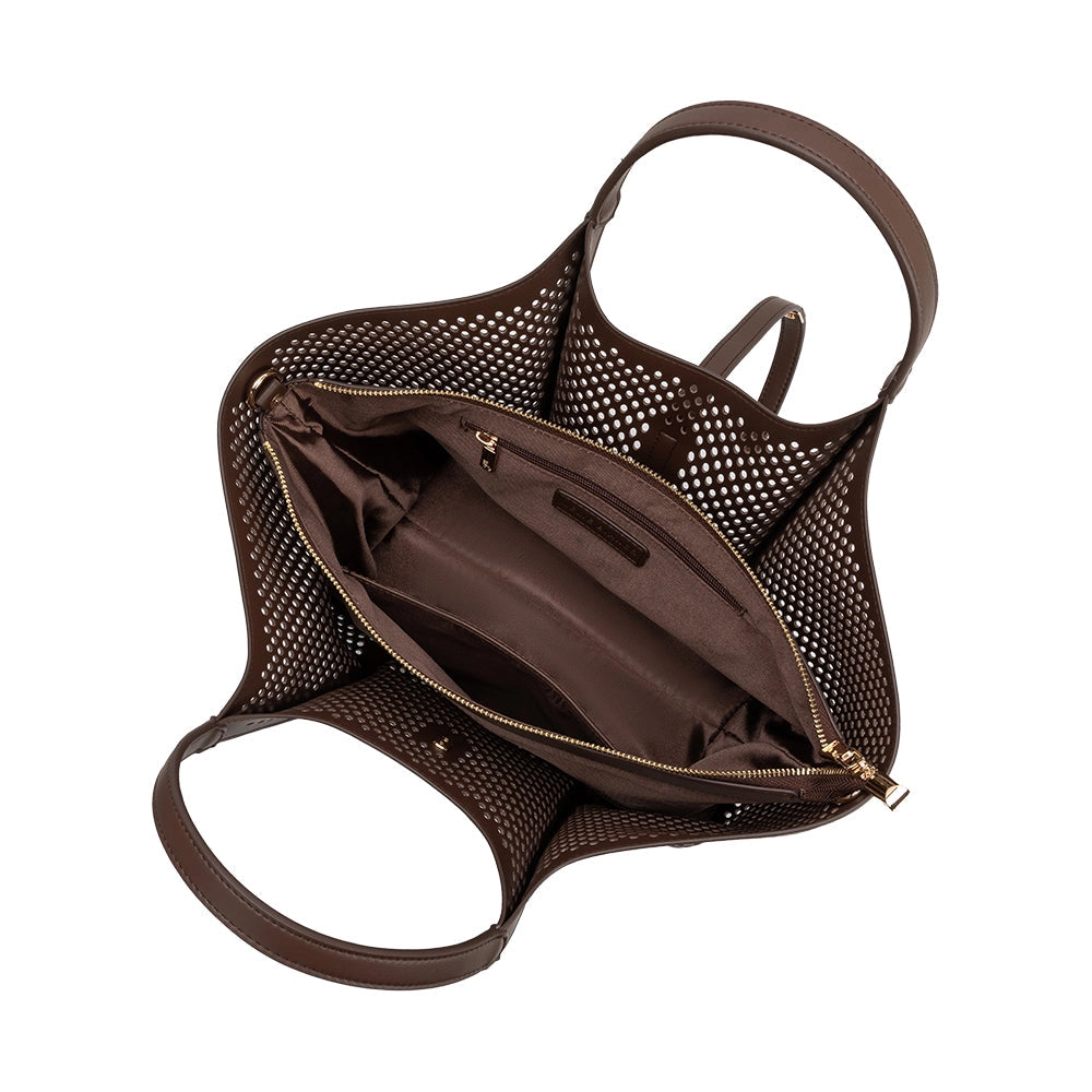 Malia Laser Cut Vegan Leather Tote Bag (Chocolate)
