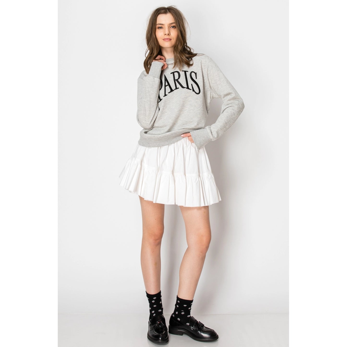Paris Embroidered French Terry Sweatshirt Pullover (Gray or Beige)