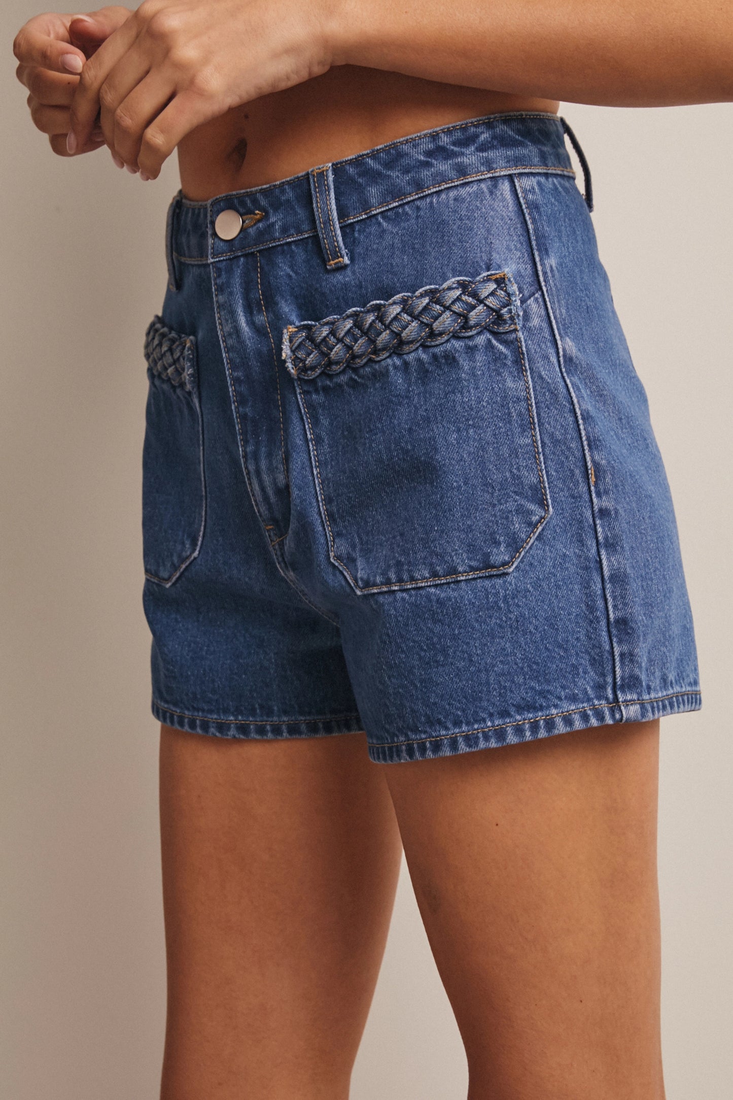 The Nora Braided Pocket Denim Shorts (Blue Haze)