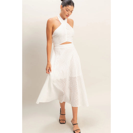 Kira Eyelet Halter & Midi Skirt Set (White)