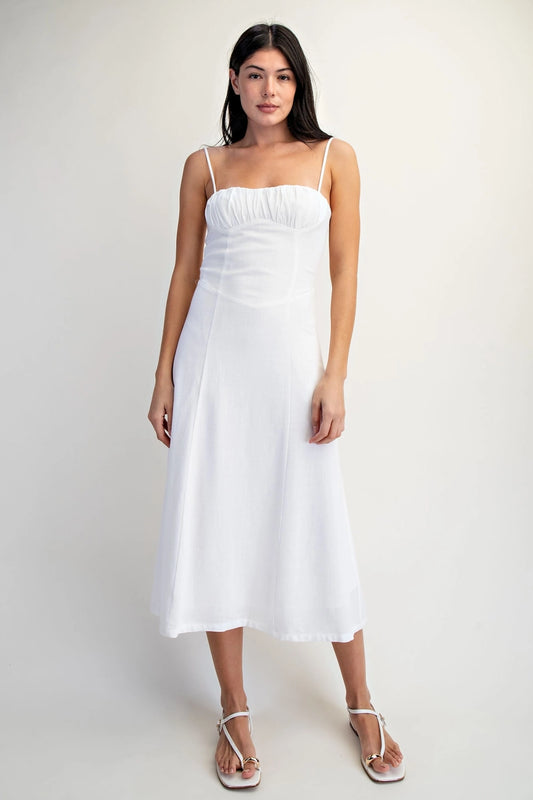 White Soft Linen Cami Ruched Bust Bodice Midi Women's Dress