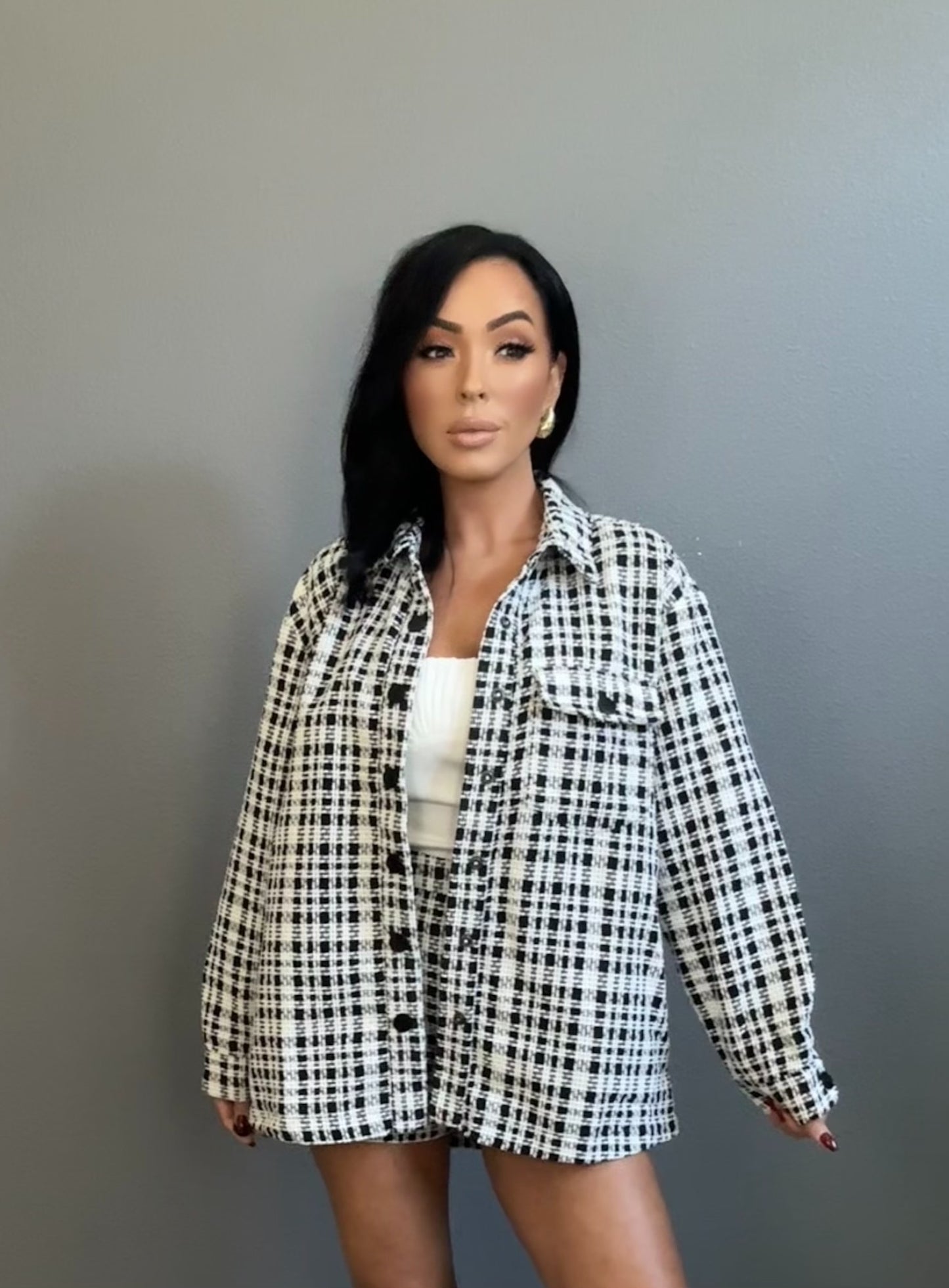 ANA TWEED OVERSIZED BLACK & WHITE PLAID BLAZER JACKET