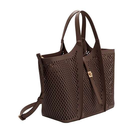 Malia Laser Cut Vegan Leather Tote Bag (Chocolate)