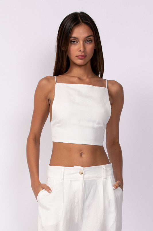 Alex Linen Open Back Crop Top (White)