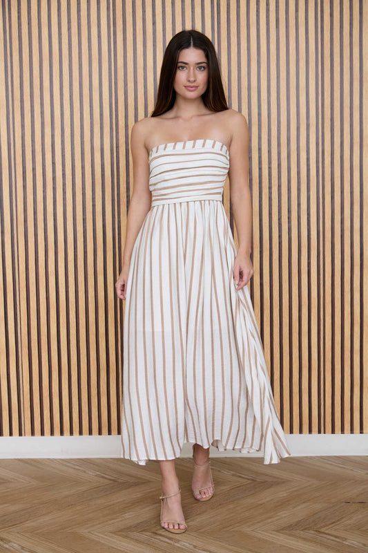 Regann Strapless Stripe Midi Dress (Brown)