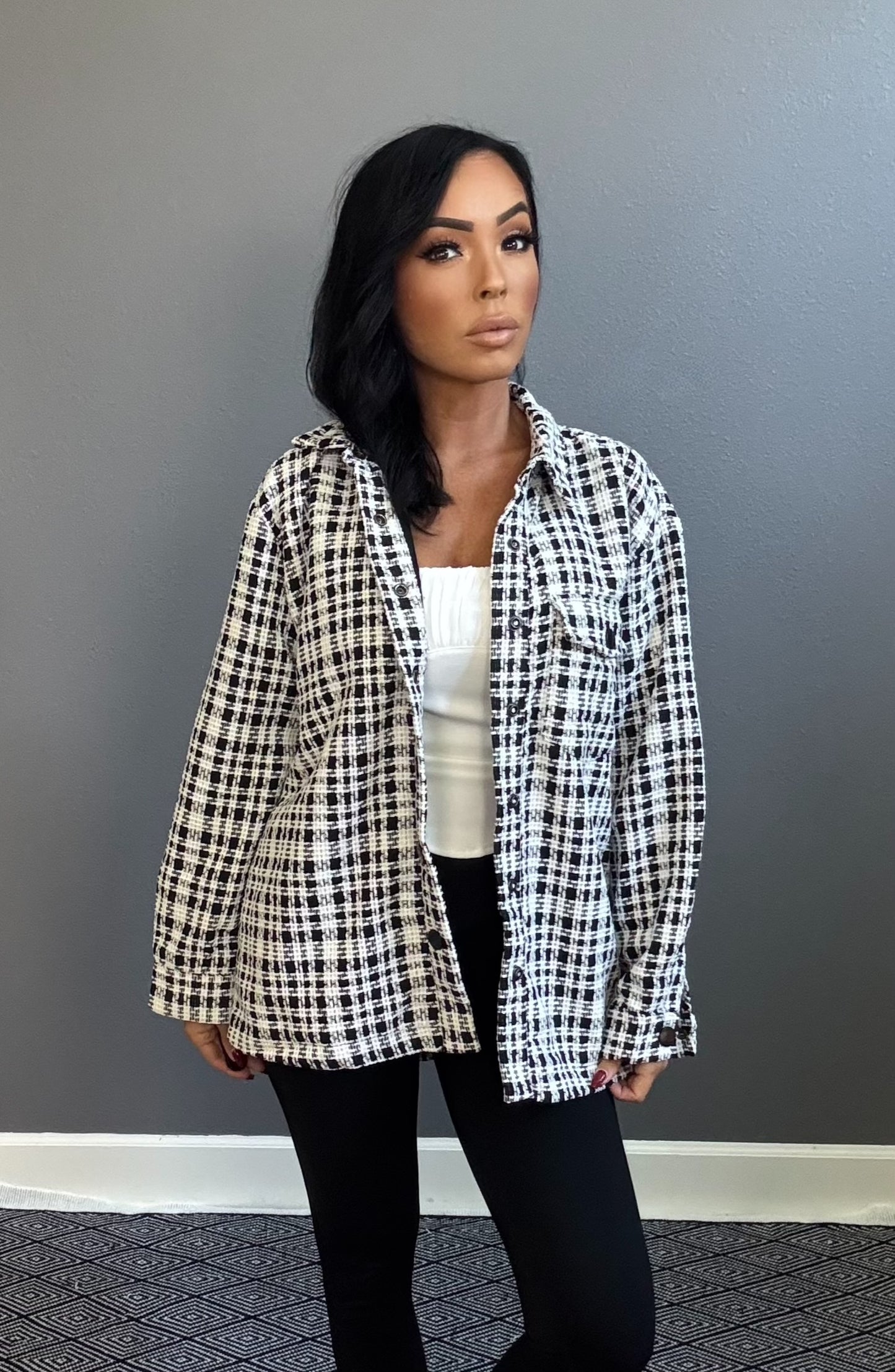 ANA TWEED OVERSIZED BLACK & WHITE PLAID BLAZER JACKET