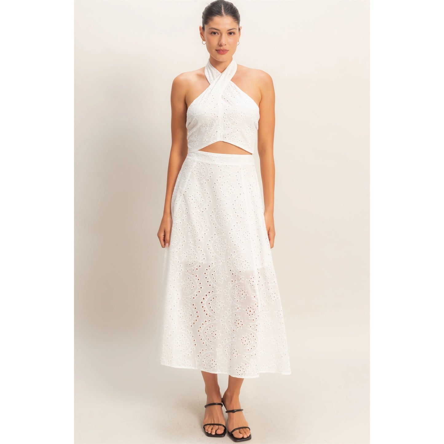 Kira Eyelet Halter & Midi Skirt Set (White)