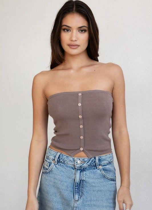 Sonia Rib Knit Sweater Tube Strapless Top (Mushroom)