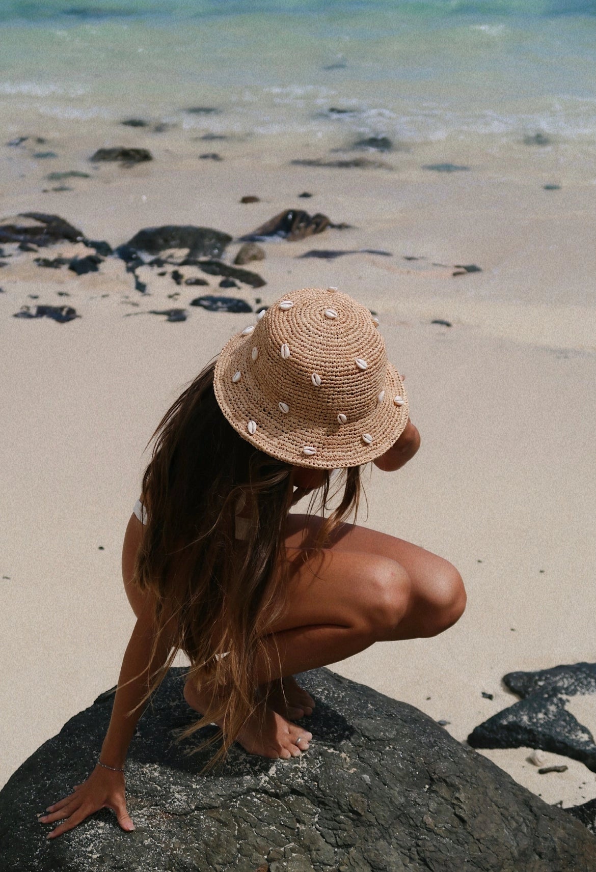 Puka Dot Cowry Shell Raffia Bucket Hat