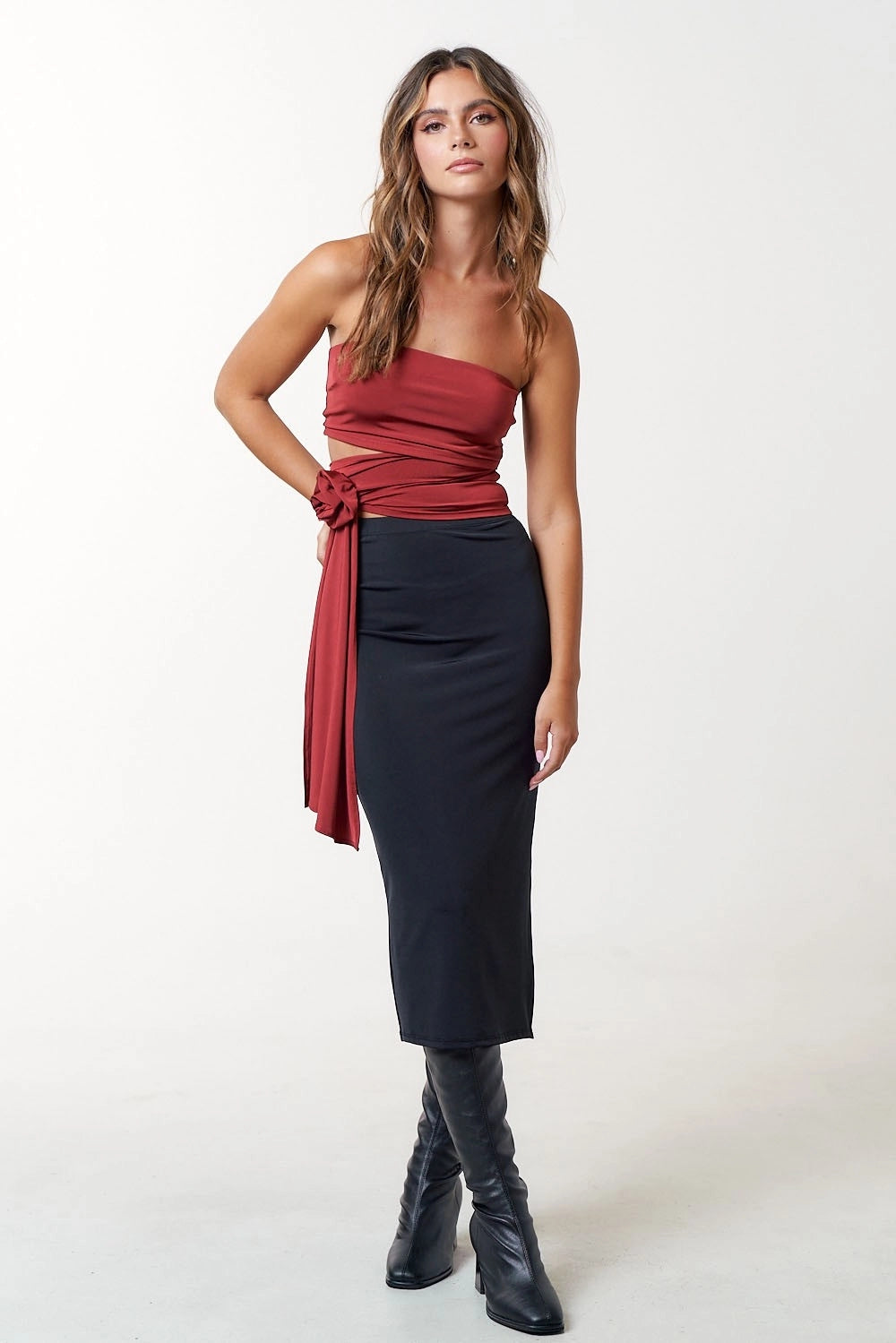 Red Summer Drape Party Flower Bud Strapless Top Blouse Women's Lotiv