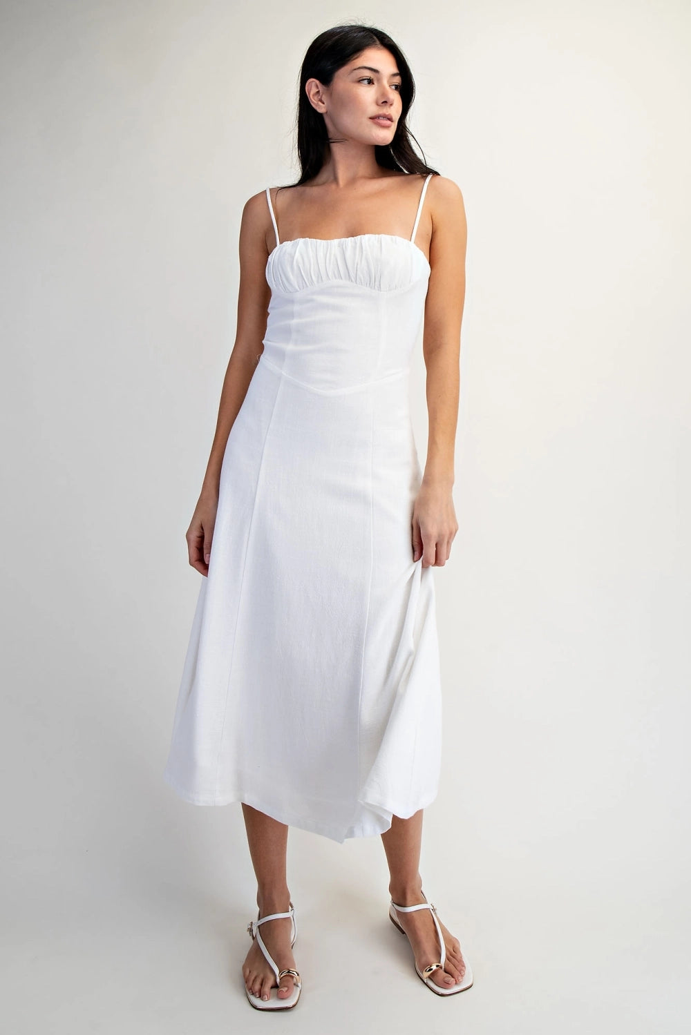White Soft Linen Cami Ruched Bust Bodice Midi Women's A Line Dress
