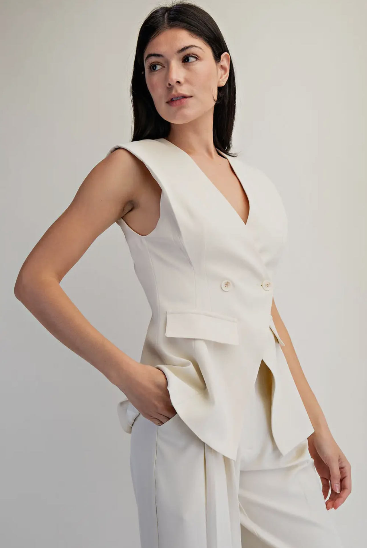 Cream Ivory Structured Sleeveless Office Vest  Lotiv Top 