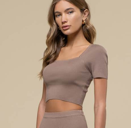 Helena Ribbed Square Neck Sweater Top (Tan)