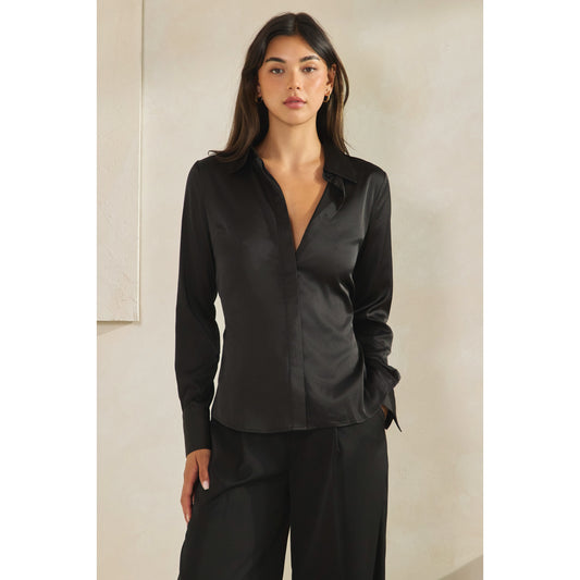 Halsey Satin Open Back Shirt (Black)