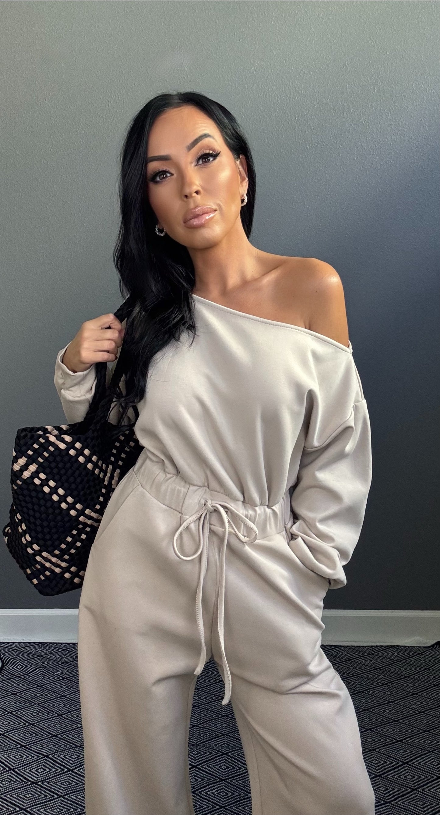 SCARLETT OFF SHOULDER LOUNGE JUMPSUIT (SAND)