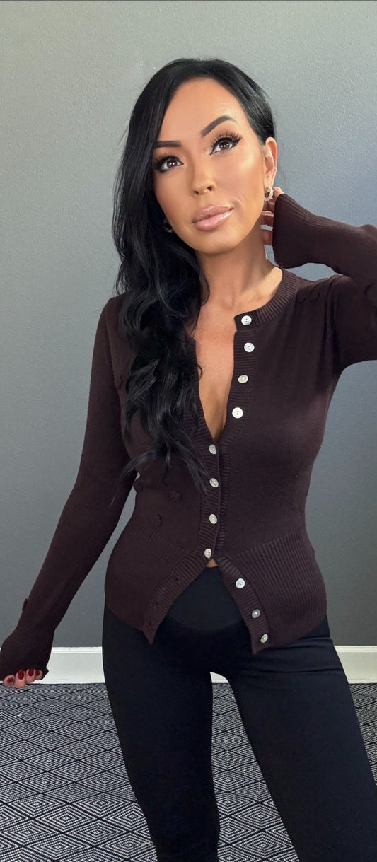 EMA FLOWER BUD KNIT CARDIGAN SWEATER (CHOCOLATE BROWN)