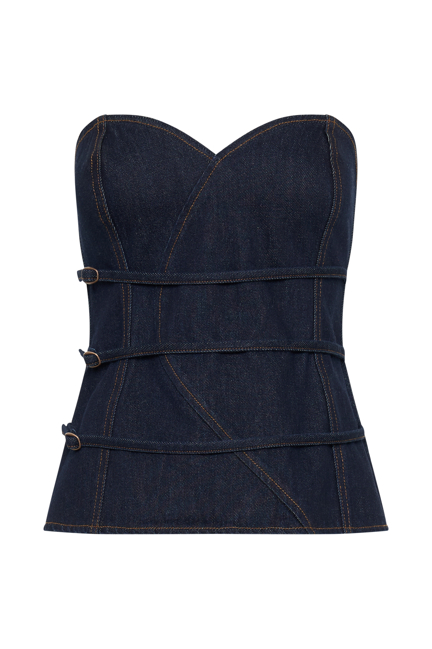 Aubry Strapless Buckle Denim Bustier Top (Dark Indigo)