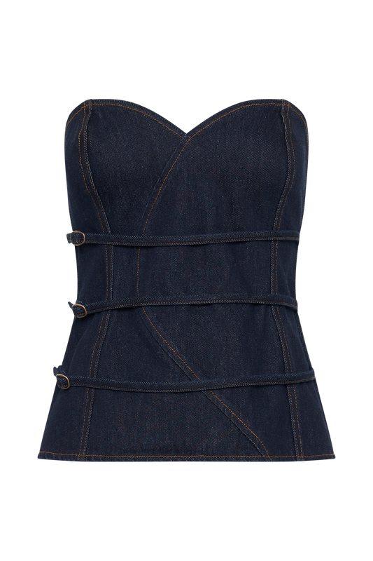Aubry Strapless Buckle Denim Bustier Top (Dark Indigo)