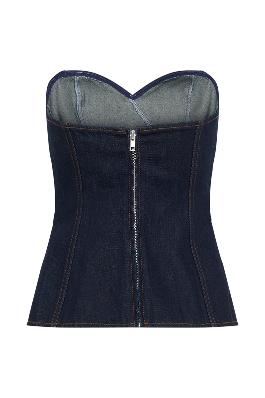 Aubry Strapless Buckle Denim Bustier Top (Dark Indigo)