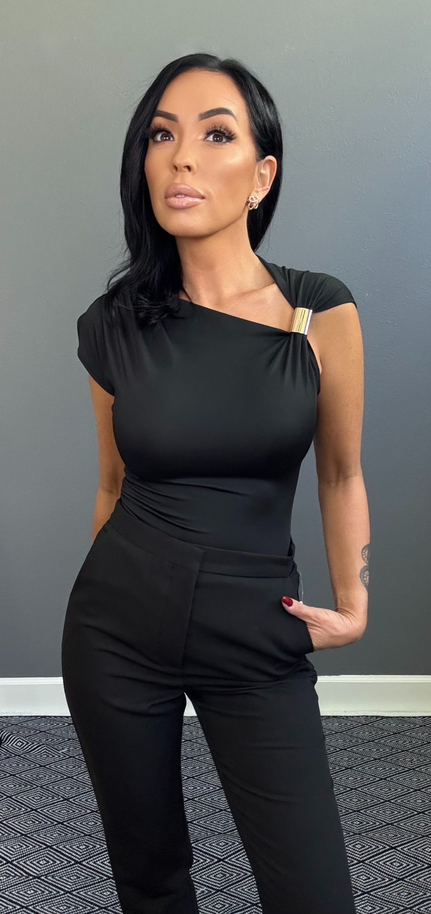 ABBY EMBELLISHED ASYMMETRICAL TOP (BLACK)