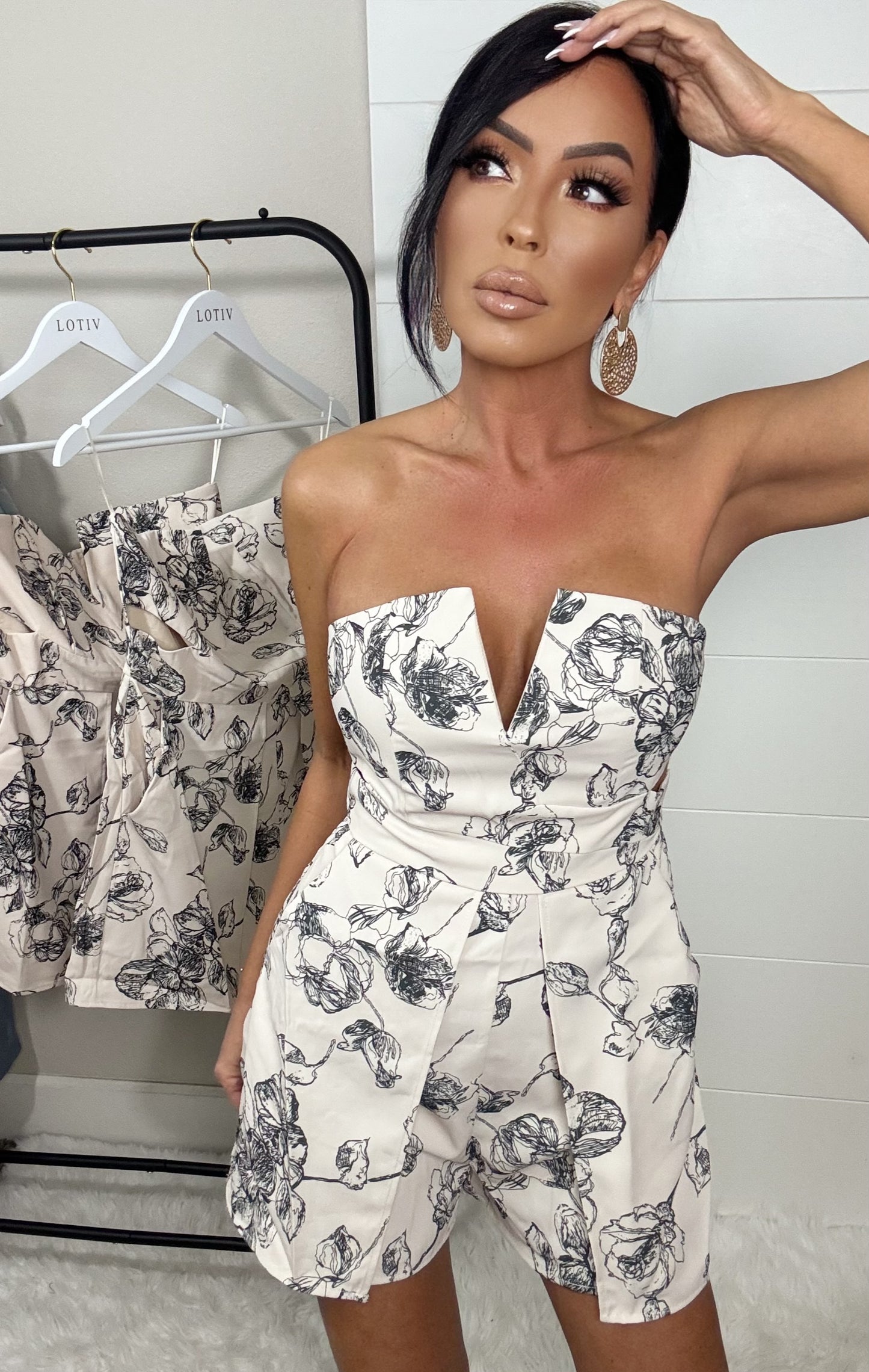 Noroc Strapless Floral Overlay Romper (Cream)