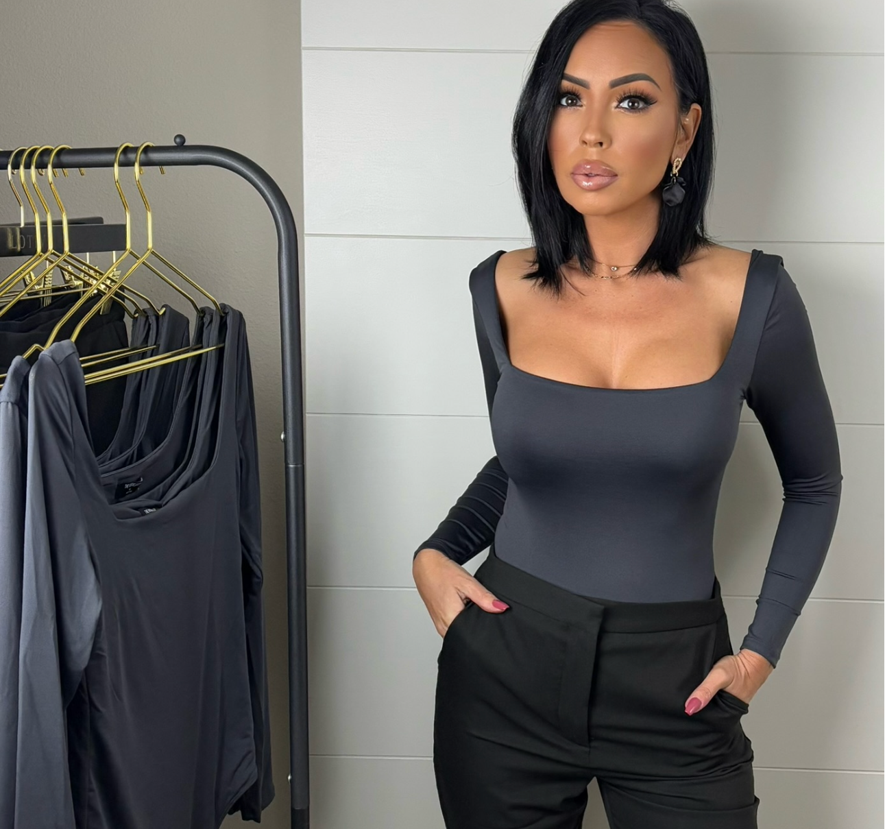 Carmen Double Scoop Bodysuit Top (Charcoal)