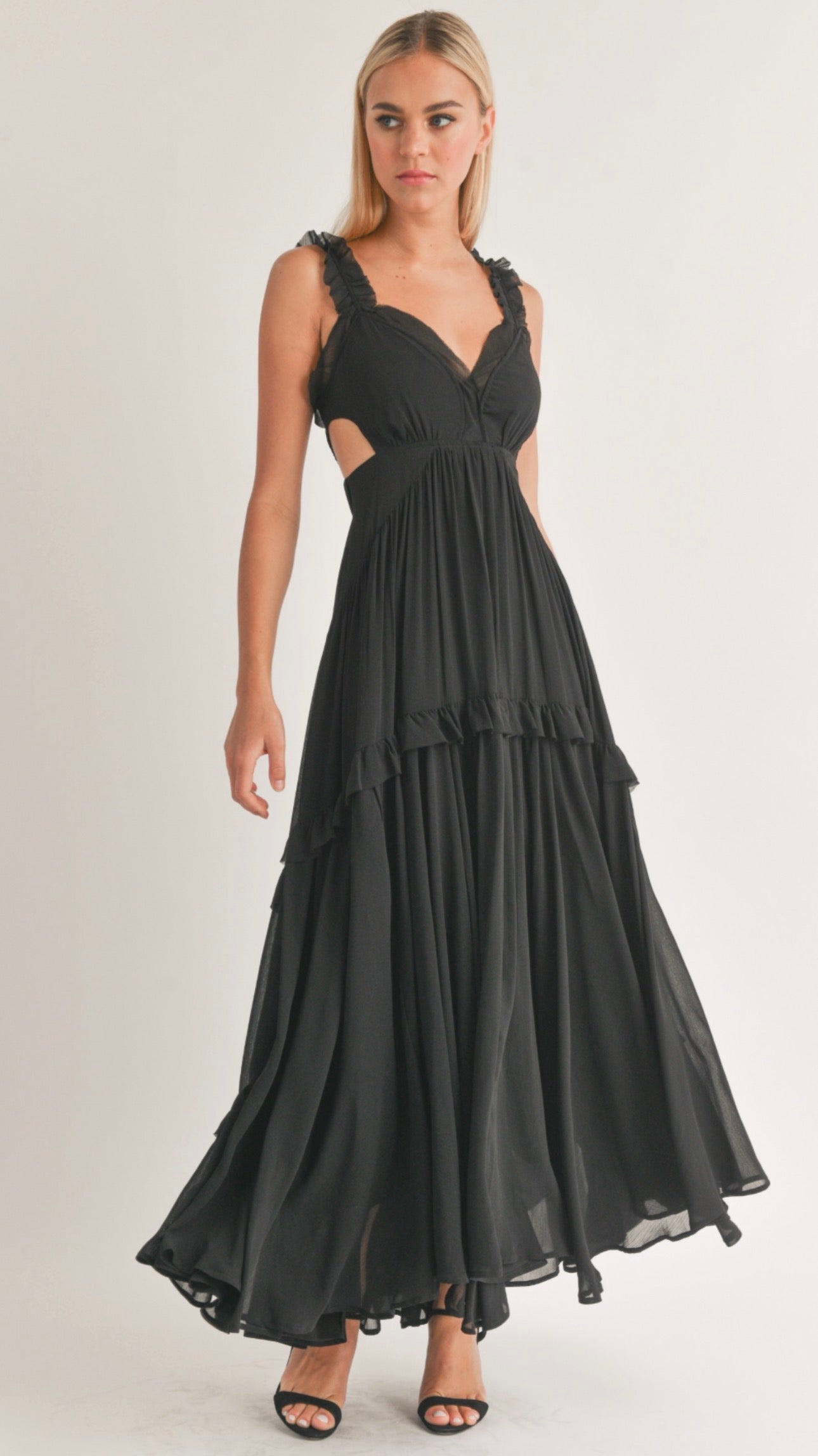 Golden Hour Chiffon Cutout Maxi Dress (Black)