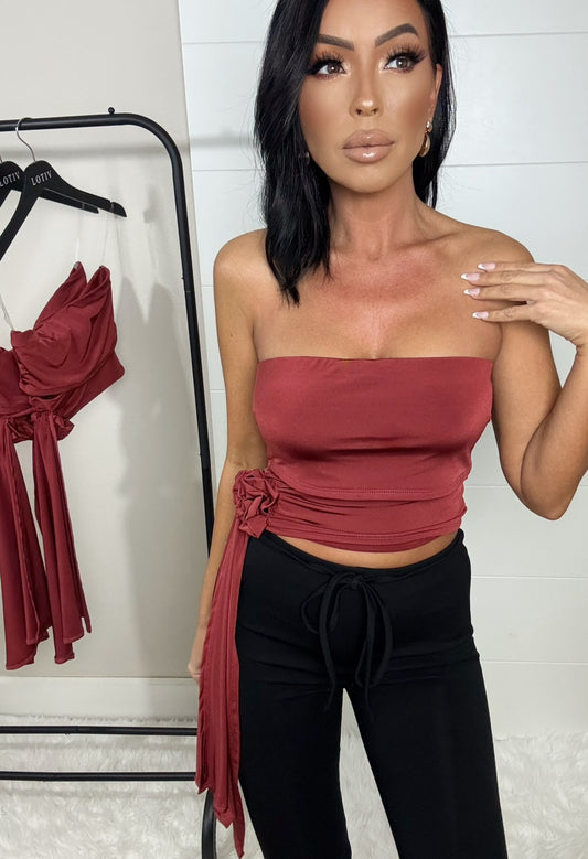 Lorel Flower Bud Strapless Top (Crimson)