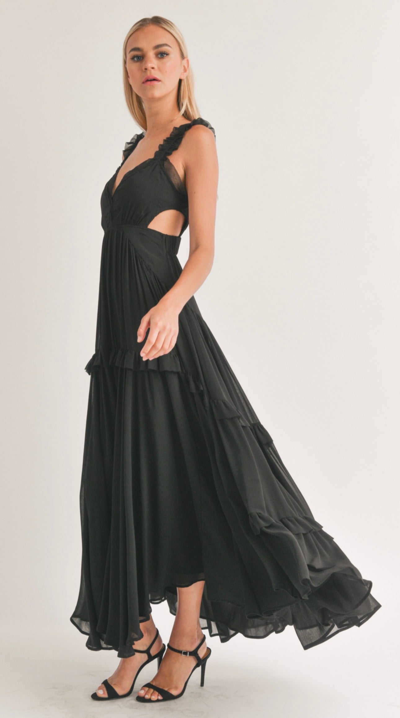 Golden Hour Chiffon Cutout Maxi Dress (Black)