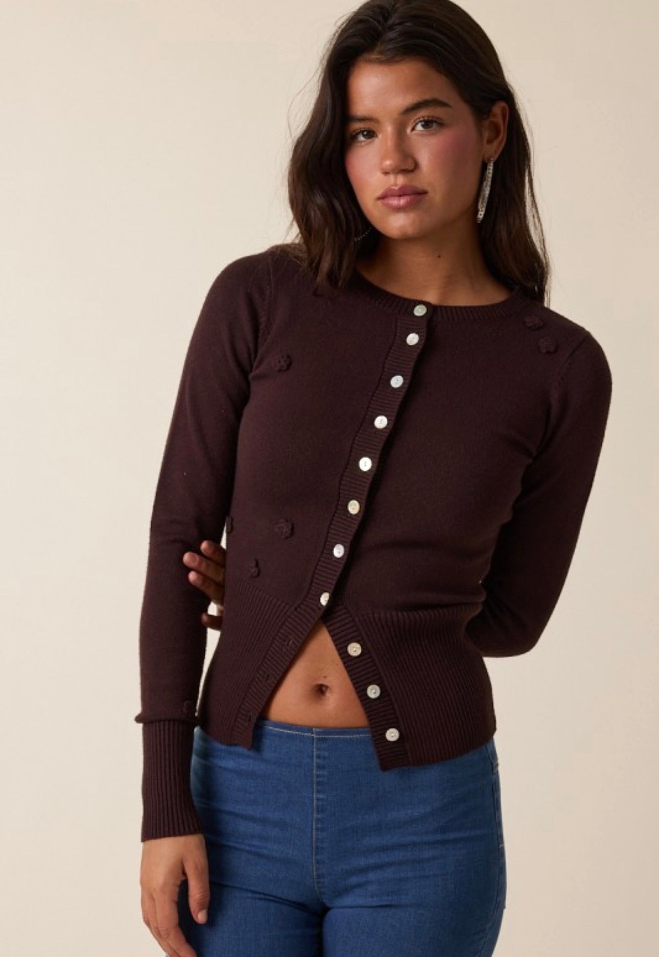 EMA FLOWER BUD KNIT CARDIGAN SWEATER (CHOCOLATE BROWN)