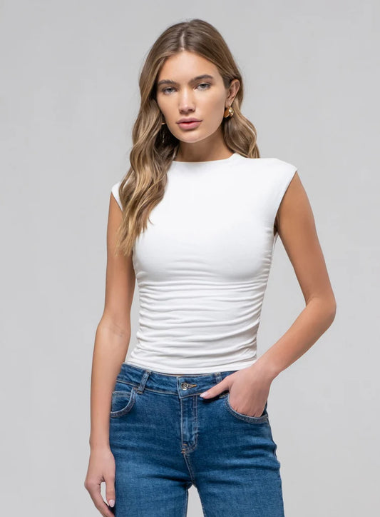 Kim Double Lined Mock Neck Cap Sleeve Top (Off White)