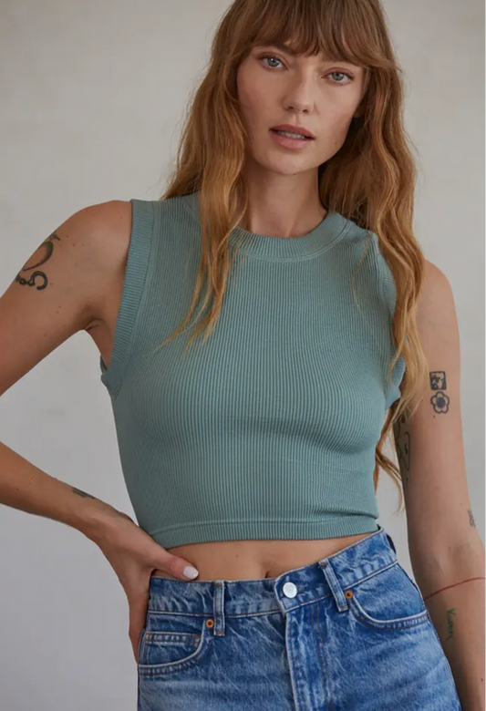 Green Ribbed Crop Stretch Tank Top Women's Tops