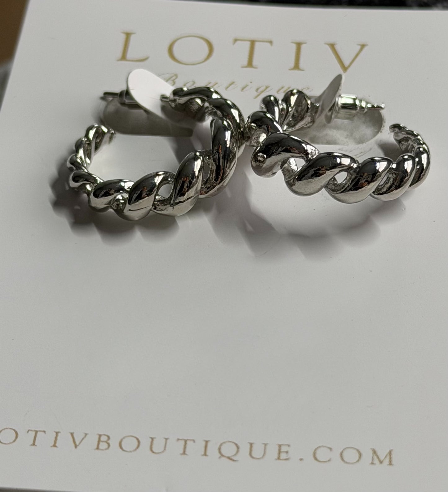 Silver chain hoop earrings on a white card with 'LOTIV Boutique' branding.