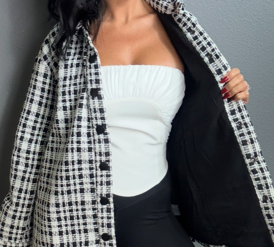 ANA TWEED OVERSIZED BLACK & WHITE PLAID BLAZER JACKET