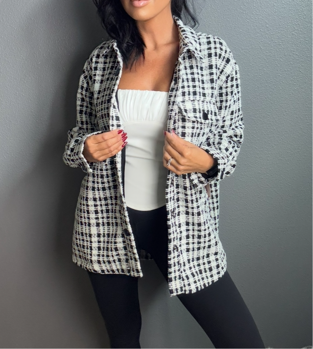ANA TWEED OVERSIZED BLACK & WHITE PLAID BLAZER JACKET