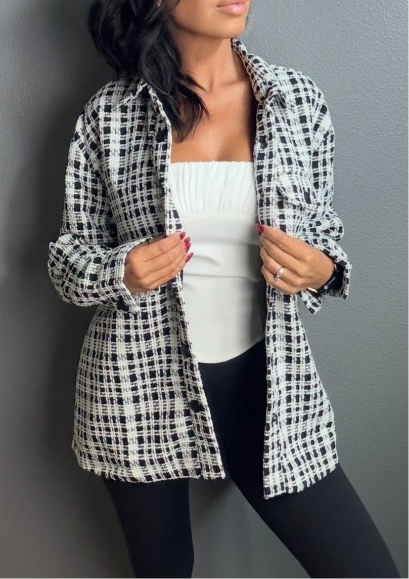 ANA TWEED OVERSIZED BLACK & WHITE PLAID BLAZER JACKET