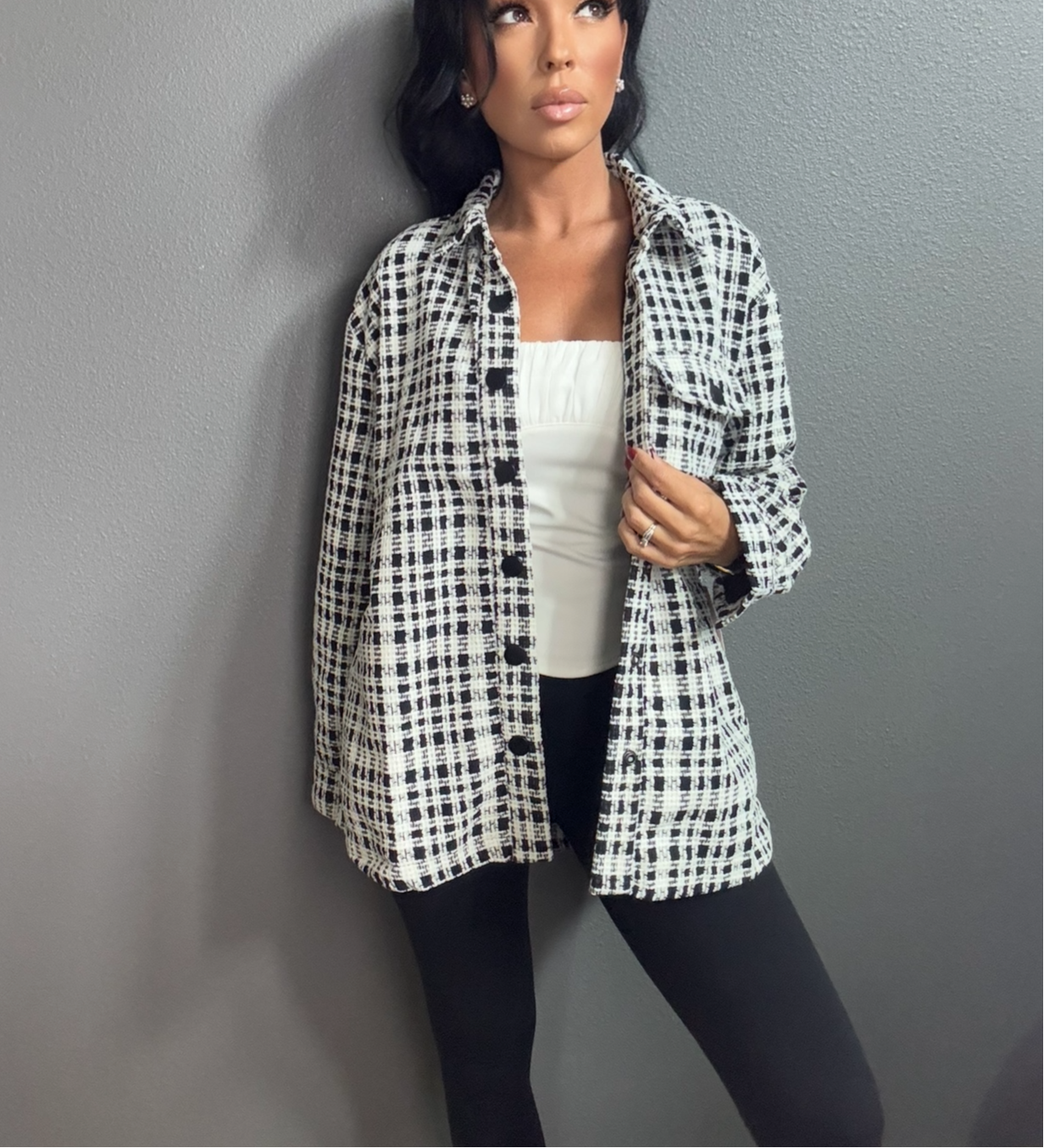 ANA TWEED OVERSIZED BLACK & WHITE PLAID BLAZER JACKET
