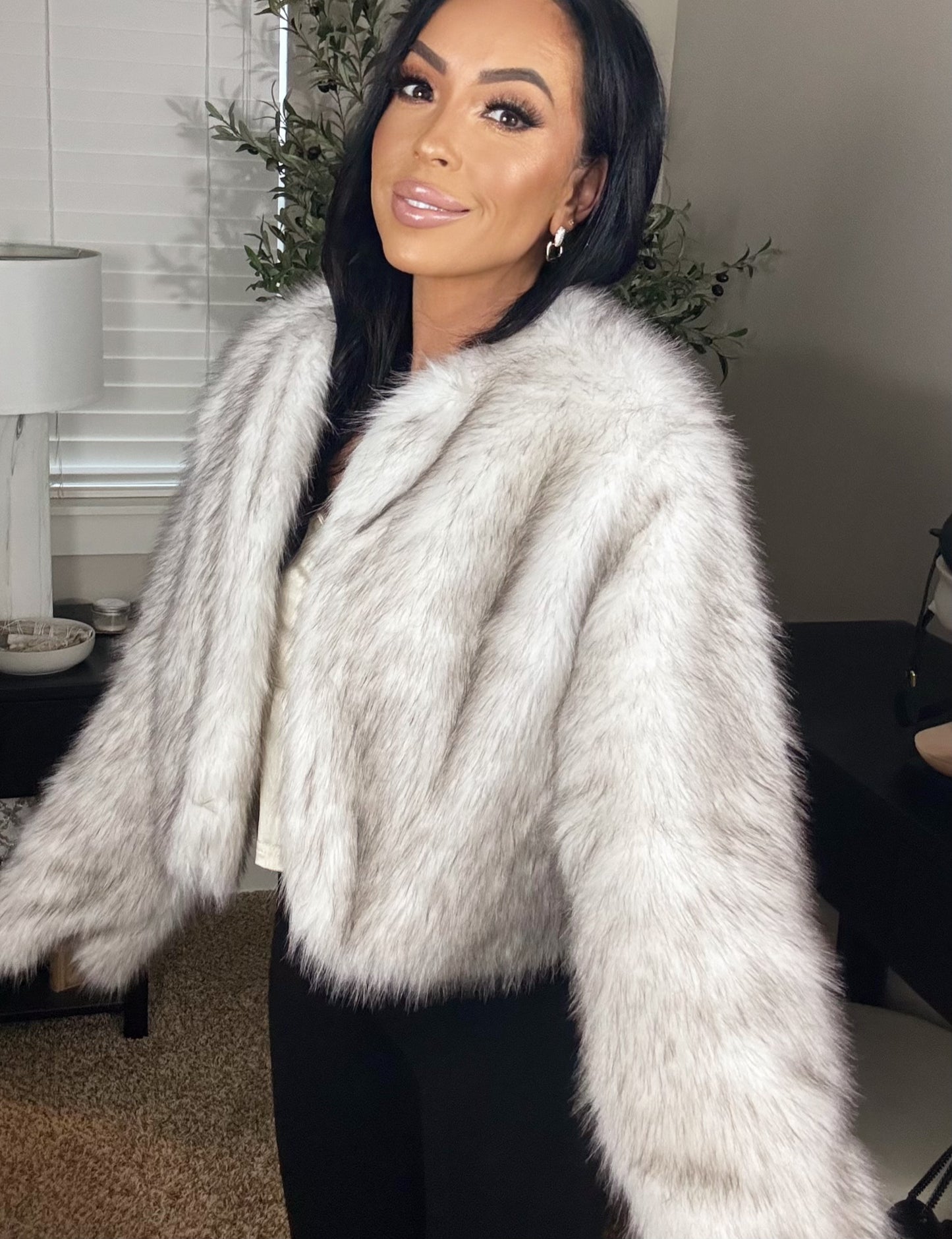 Brielle Fur Lined Open Jacket (Marled Beige)