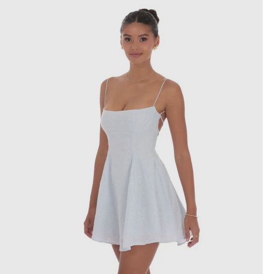 Blue Fit and Flare Eyelet Lotiv Women's Mini Dress